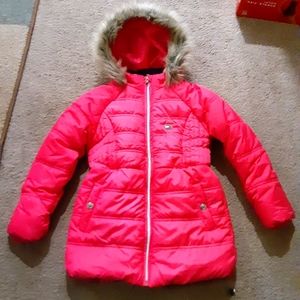 Hilfigers winter zip up jacket, size 7 in girls, pink and dark blue inside